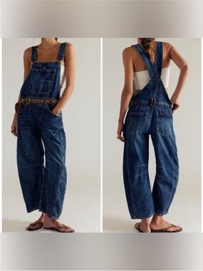 NWOT Free People We The Free Good Luck Barrel Overalls - deep end blue - Large